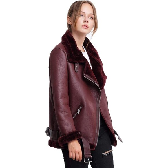 Women Wine Red Faux Shearling Moto Jacket Thick Lined Winter Leather Coat - Picture 4 of 6